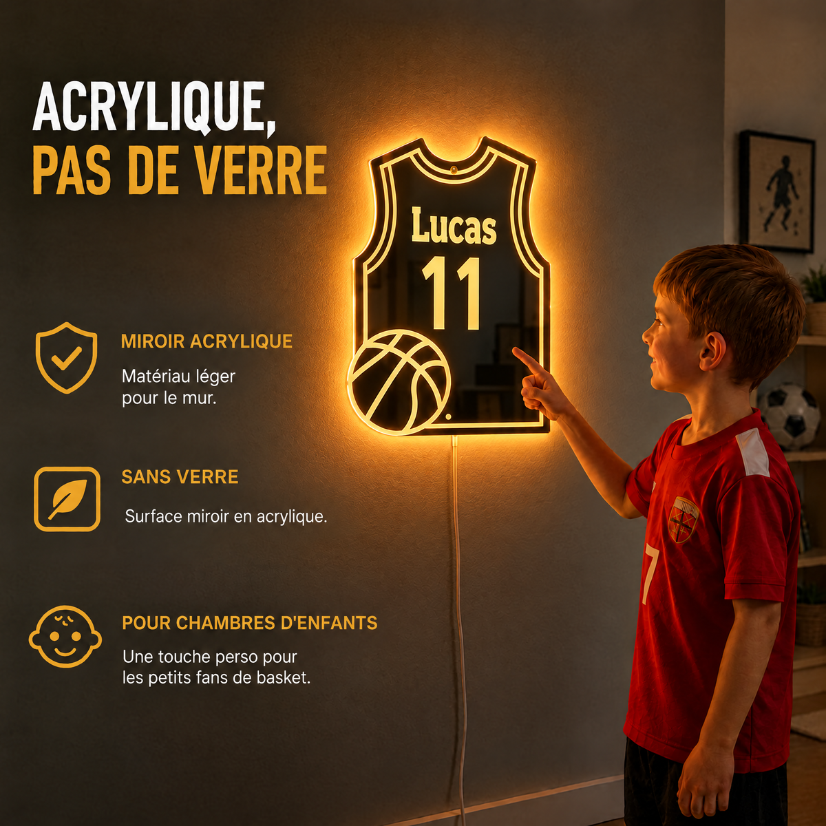 Miroir maillot de basket en acrylique, sans verre, pour chambre d'enfant