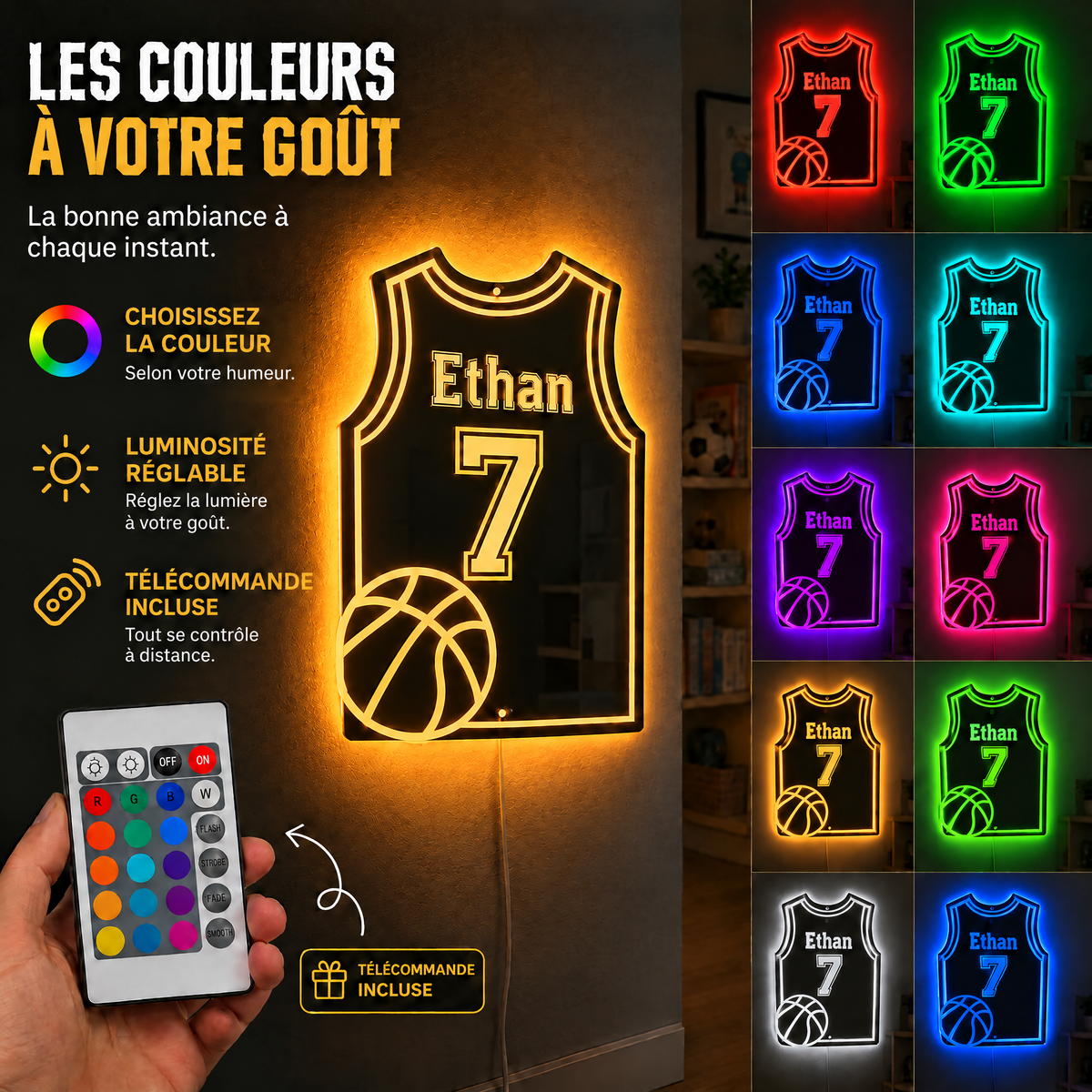 Miroir LED basket multicolore avec télécommande