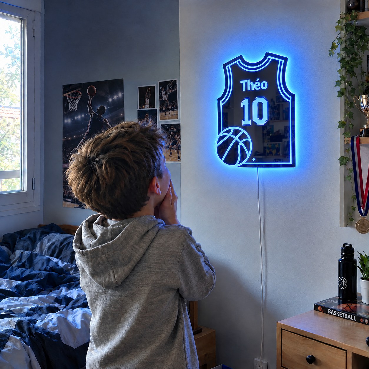 Miroir LED maillot de basket dans une chambre